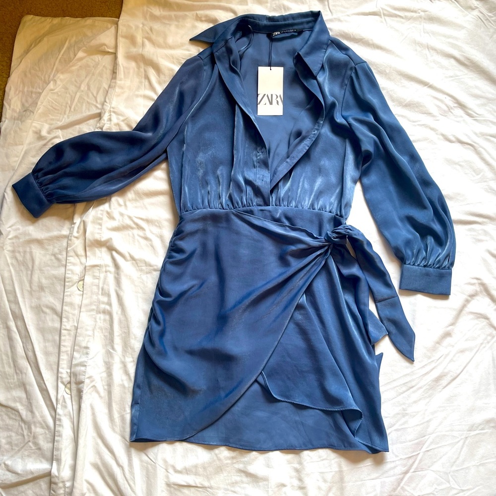 Zara Blue Satin Wrap Dress